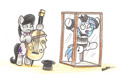 Size: 1834x1171 | Tagged: safe, artist:bobthedalek, dj pon-3, octavia melody, vinyl scratch, earth pony, pony, unicorn, g4, backwards cutie mark, busking, cello, clothes, duo, female, glass case, hat, musical instrument, top hat