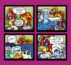 Size: 1338x1208 | Tagged: safe, artist:oneovertwo, bon bon, lyra heartstrings, sunset shimmer, sweetie drops, trixie, twilight sparkle, comic:trixie enemy of, comic:trixie enemy of a rare situation, equestria girls, g4, comic, luchador
