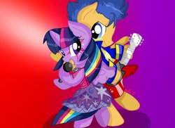 Size: 1048x762 | Tagged: safe, artist:keira-chann, flash sentry, twilight sparkle, alicorn, pony, g4, female, guitar, male, mare, microphone, ship:flashlight, shipping, straight, twilight sparkle (alicorn)