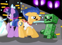 Size: 1048x762 | Tagged: safe, artist:keira-chann, flash sentry, twilight sparkle, alicorn, enderman, pony, don't mine at night, g4, backwards cutie mark, creeper, diamond, diamond pickaxe, female, floppy ears, frown, glare, grin, hoof hold, male, mare, minecraft, mouth hold, raised hoof, ship:flashlight, shipping, smiling, straight, sword, twilight sparkle (alicorn), weapon