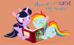 Size: 1031x636 | Tagged: safe, artist:sugaryboogary, rainbow dash, twilight sparkle, alicorn, pony, g4, book, female, glasses, mare, prone, reading, twilight sparkle (alicorn)