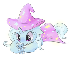 Size: 578x463 | Tagged: safe, artist:aymint, trixie, pony, unicorn, g4, blush sticker, blushing, cute, diatrixes, female, filly, filly trixie, floppy ears, mare, playing, plushie, prone, self plushidox, simple background, smiling, solo, trixie plushie, younger
