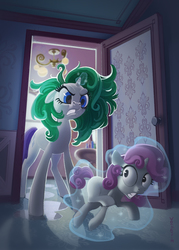 Size: 4000x5600 | Tagged: dead source, safe, artist:vombavr, rarity, sweetie belle, pony, unicorn, g4, angry, duo, fanfic art, female, green hair, green mane, hair dye, imminent spanking, magic, magic aura, nostril flare, rarity's bad mane day, siblings, sink, sisters, this will end in tears