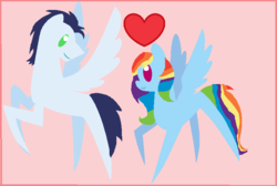 Size: 780x524 | Tagged: safe, artist:aurora456, rainbow dash, soarin', g4, alternate hairstyle, female, heart, male, pointy ponies, raised leg, ship:soarindash, shipping, smiling, spread wings, straight