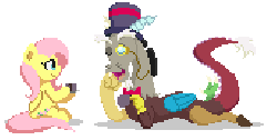 Size: 688x348 | Tagged: safe, artist:mrponiator, discord, fluttershy, g4, bowtie, drink, gif, hat, monocle, non-animated gif, pixel art, prone, simple background, sitting, tea, tea party, top hat, transparent background