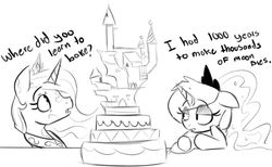 Size: 929x572 | Tagged: safe, artist:nohooves, princess celestia, princess luna, g4, cake, canterlot castle, monochrome, sketch