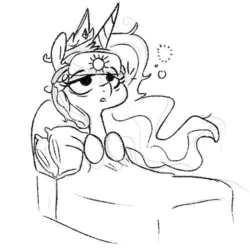 Size: 500x501 | Tagged: dead source, safe, artist:nohooves, princess celestia, pony, g4, bed, blanket, female, messy mane, monochrome, morning ponies, pillow, sketch, sleep mask, sleepy, solo, tired