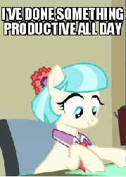 Size: 233x324 | Tagged: safe, edit, edited screencap, screencap, coco pommel, earth pony, pony, g4, twilight's kingdom, animated, cocobetes, cute, female, i have done nothing productive all day, image macro, impact font, mare, meme, productive, solo, subversion, subverted meme