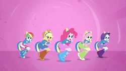 Size: 1280x720 | Tagged: safe, screencap, applejack, fluttershy, pinkie pie, rainbow dash, rarity, equestria girls, equestria girls (movie), boots, female, helping twilight win the crown, high heel boots, humane five, shoes, squatting, wondercolts