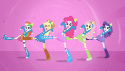 Size: 1280x720 | Tagged: safe, screencap, applejack, fluttershy, pinkie pie, rainbow dash, rarity, equestria girls, equestria girls (movie), boots, female, helping twilight win the crown, high heel boots, humane five, shoes, wondercolts