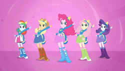 Size: 1280x720 | Tagged: safe, screencap, applejack, fluttershy, pinkie pie, rainbow dash, rarity, equestria girls, g4, my little pony equestria girls, boots, female, helping twilight win the crown, high heel boots, humane five, pink background, pointing, shoes, simple background, wondercolts