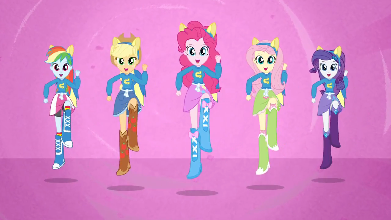 626958 - safe, screencap, applejack, fluttershy, pinkie pie, rainbow dash,  rarity, equestria girls, equestria girls (movie), boots, female, helping  twilight win the crown, high heel boots, humane five, shoes, skipping,  wondercolts - Derpibooru