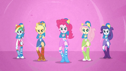 Size: 1280x720 | Tagged: safe, screencap, applejack, fluttershy, pinkie pie, rainbow dash, rarity, equestria girls, equestria girls (movie), boots, female, helping twilight win the crown, high heel boots, humane five, shoes, skipping, wondercolts