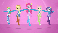 Size: 1280x720 | Tagged: safe, screencap, applejack, fluttershy, pinkie pie, rainbow dash, rarity, equestria girls, equestria girls (movie), boots, female, helping twilight win the crown, high heel boots, humane five, shoes, skipping, wondercolts