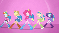 Size: 1280x720 | Tagged: safe, screencap, applejack, fluttershy, pinkie pie, rainbow dash, rarity, equestria girls, g4, boots, female, helping twilight win the crown, high heel boots, shoes, wondercolts