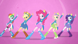 Size: 1280x720 | Tagged: safe, screencap, applejack, fluttershy, pinkie pie, rainbow dash, rarity, equestria girls, g4, my little pony equestria girls, boots, female, helping twilight win the crown, high heel boots, shoes, wondercolts