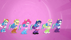 Size: 1280x720 | Tagged: safe, screencap, applejack, fluttershy, pinkie pie, rainbow dash, rarity, twilight sparkle, equestria girls, g4, boots, female, helping twilight win the crown, high heel boots, humane five, humane six, shoes, squatting, wondercolts