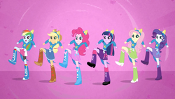 Size: 1280x720 | Tagged: safe, screencap, applejack, fluttershy, pinkie pie, rainbow dash, rarity, twilight sparkle, equestria girls, g4, my little pony equestria girls, balloon, boots, clothes, female, helping twilight win the crown, high heel boots, humane five, humane six, jewelry, raised leg, skirt, stomping, wondercolts
