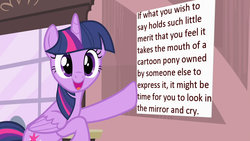 Size: 1280x720 | Tagged: safe, edit, twilight sparkle, alicorn, pony, g4, drama, female, image macro, irony, mare, meme, mouthpiece, parody, solo, twilight sparkle (alicorn)