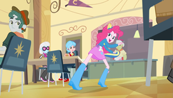 Size: 1280x720 | Tagged: safe, screencap, bright idea, carla jr., granny smith, photo finish, pinkie pie, scott green, equestria girls, g4, my little pony equestria girls, background human, balloon, boots, burger, chair, clothes, food, helping twilight win the crown, high heel boots, skirt, wondercolts