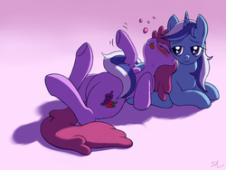 Size: 1365x1024 | Tagged: source needed, safe, artist:swaetshrit, berry punch, berryshine, minuette, earth pony, pony, unicorn, g4, bedroom eyes, blushing, cuddling, drunk, duo, female, gradient background, lesbian, ship:berrygate, shipping, snuggling, underhoof