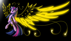 Size: 1575x900 | Tagged: safe, artist:zigword, twilight sparkle, artificial wings, augmented, female, hardcore, magic, magic wings, simple background, smiling, solo, spread wings, wings