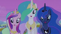 Size: 1280x720 | Tagged: safe, screencap, princess cadance, princess celestia, princess luna, g4, twilight's kingdom, balcony, crystal empire, looking at you, open mouth, smiling