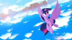 Size: 1920x1080 | Tagged: safe, artist:repoisn, twilight sparkle, alicorn, pony, g4, cloud, cloudy, female, flying, lens flare, mare, mountain, reflection, sky, smiling, solo, twilight sparkle (alicorn), water