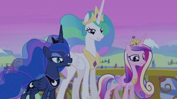 Size: 1280x720 | Tagged: safe, screencap, princess cadance, princess celestia, princess luna, g4, twilight's kingdom, balcony, crystal empire, grin, lidded eyes, smiling, stretching