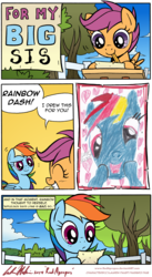 Size: 3592x6559 | Tagged: safe, artist:redapropos, rainbow dash, scootaloo, g4, comic, dialogue, drawing, fridge art (literally), i have drawn you, speech bubble, this will end in tears