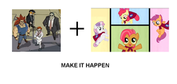 Size: 1163x554 | Tagged: safe, apple bloom, babs seed, scootaloo, sweetie belle, g4, chow, cutie mark crusaders, exploitable meme, hak foo, jackie chan adventures, make it happen, meme, ratso