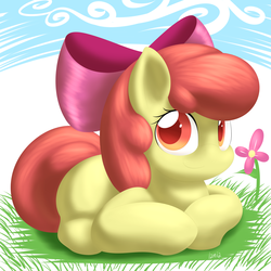 Size: 2000x2000 | Tagged: safe, artist:lamia, apple bloom, g4, adorabloom, bow, cute, female, flower, grass, hair bow, high res, looking at you, prone, smiling, solo