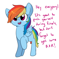 Size: 1000x1000 | Tagged: safe, artist:rue-willings, rainbow dash, g4, advice, cute, dashabetes, female, finals, looking at you, meta, open mouth, raised hoof, smiling, solo