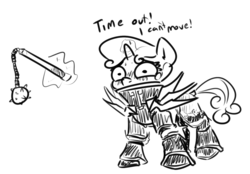 Size: 1280x891 | Tagged: safe, artist:nobody, sweetie belle, g4, armor, dark souls, female, flail, monochrome, solo