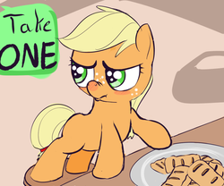 Size: 1024x850 | Tagged: safe, artist:a6p, applejack, g4, apple fritter (food), blushing, cute, female, filly, jackabetes, pouting, scrunchy face, solo, younger