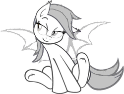 Size: 1024x776 | Tagged: safe, artist:joey darkmeat, artist:zee66, edit, oc, oc only, oc:silver heart, bat pony, pony, bedroom eyes, female, monochrome, recolor, sitting, smiling, solo, spread wings, underhoof