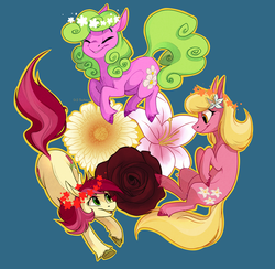Size: 800x782 | Tagged: safe, artist:sutexii, daisy, flower wishes, lily, lily valley, roseluck, earth pony, pony, g4, cute, female, floral head wreath, flower, flower in hair, flower trio, lily (flower), rose, trio, trio female, unshorn fetlocks