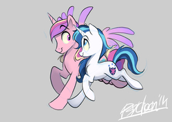 Size: 4093x2894 | Tagged: dead source, safe, artist:psychoon, princess cadance, shining armor, :t, cute, cutedance, eye contact, female, gleamibetes, gleaming bolero, gleaming shield, male, prince bolero, rule 63, rule63betes, running, shining adorable, shiningcadance, shipping, smiling, spread wings, straight
