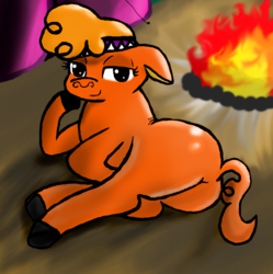 Size: 800x804 | Tagged: safe, artist:metibobo, little strongheart, bison, buffalo, g4, butt, campfire, female, fire, looking at you, plot, solo