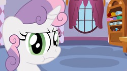 Size: 1280x720 | Tagged: safe, artist:broken-pen, sweetie belle, g4, :t, female, floppy ears, frown, glare, looking at you, nose wrinkle, solo, yours-yearly-sweetie-belle