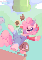 Size: 585x826 | Tagged: safe, artist:pekou, pinkie pie, goomba, g4, 1-up mushroom, clothes, cosplay, costume, crossover, cute, diapinkes, female, male, mario, mario pie, one eye closed, power-up, solo, super leaf, super mario bros., super mario bros. 3, warp pipe, wink