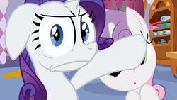 Size: 1280x720 | Tagged: safe, artist:broken-pen, rarity, sweetie belle, g4, carousel boutique, reaction image, yours-yearly-sweetie-belle