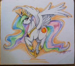 Size: 935x826 | Tagged: dead source, safe, artist:slifertheskydragon, princess celestia, g4, female, flying, solo, traditional art