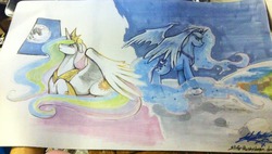 Size: 1280x727 | Tagged: safe, artist:slifertheskydragon, princess celestia, princess luna, g4, earth, mare in the moon, moon, traditional art