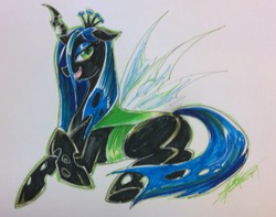 Size: 723x571 | Tagged: safe, artist:slifertheskydragon, queen chrysalis, changeling, changeling queen, g4, bugbutt, butt, crown, female, jewelry, looking at you, looking back, plot, regalia, solo, traditional art
