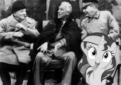 Size: 1280x908 | Tagged: safe, sunset shimmer, pony, unicorn, g4, black and white, fdr, grayscale, josef stalin, photo, silly, silly pony, sunset shimmer in the past, winston churchill, world war ii, yalta conference