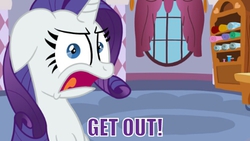 Size: 499x281 | Tagged: safe, artist:broken-pen, rarity, g4, female, floppy ears, frown, get out, image macro, looking at you, meme, open mouth, purple text, reaction image, solo, wide eyes, yours-yearly-sweetie-belle