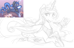 Size: 1271x826 | Tagged: safe, artist:spittfireart, princess luna, gamer luna, g4, controller, female, headset, looking at you, magic, monochrome, open mouth, pillow, prone, sketch, smiling, solo, telekinesis, wip