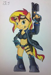 Size: 1280x1880 | Tagged: safe, artist:jet-ann, sunset shimmer, anthro, g4, belly button, boots, breasts, busty sunset shimmer, cleavage, clothes, female, goggles, gun, handgun, holster, jacket, midriff, no trigger discipline, panties, pistol, shoes, solo, thong, traditional art, underwear, weapon