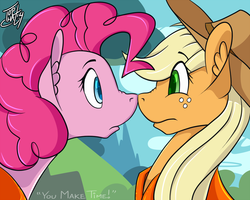 Size: 1024x819 | Tagged: safe, artist:tlatophat, applejack, pinkie pie, g4, my little pony: friendship is magic, pinkie apple pie, boop, duo, ear fluff, eye contact, frown, noseboop, scene interpretation, wide eyes